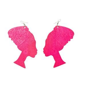 Queen Nefertiti African Silhouette Pink Wooden Earrings Headwrap Design